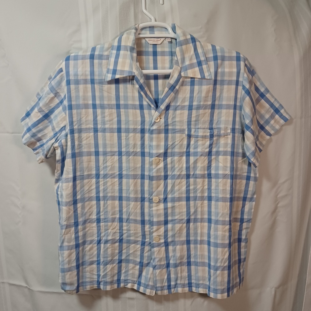 Derek Rose Shirt Mens L Blue Plaid Camp Collar Short Sleeve Cotton Button Up